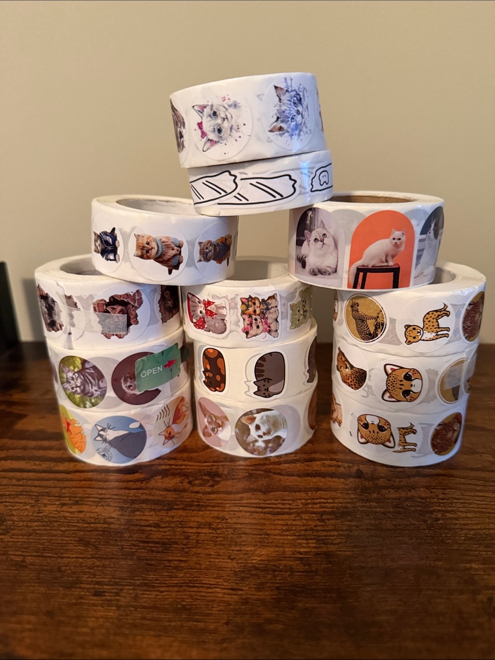 Cute Cat Sticker Rolls – White Decorative Stickers for Crafts